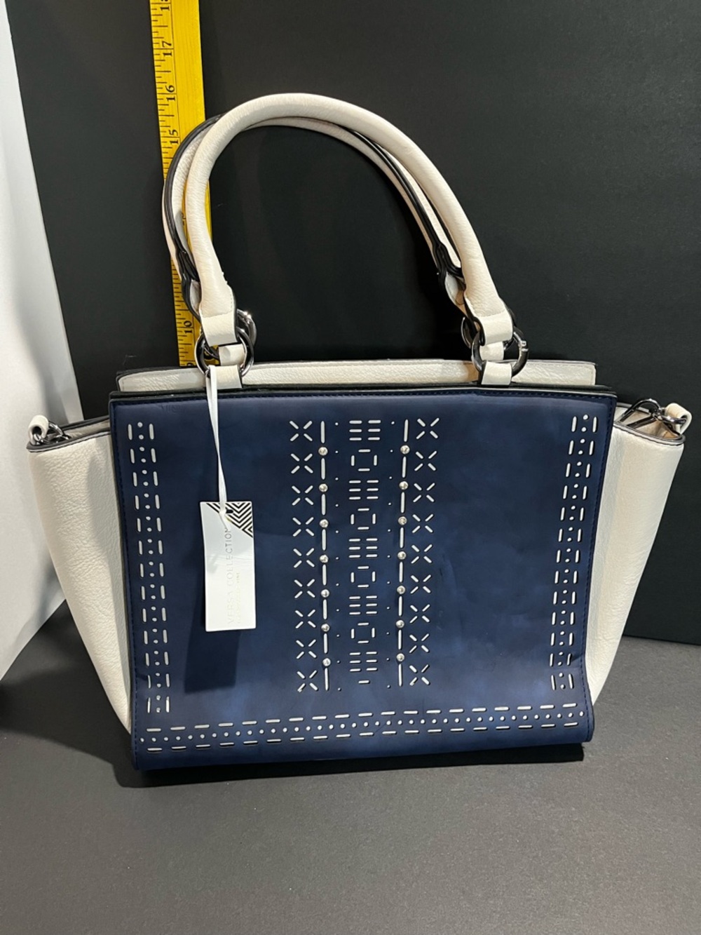 Perforated Navy and White Structured Shoulder Tote